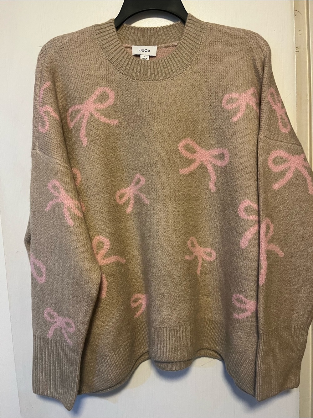 CeCe Taupe Crewneck Sweater with Pink Bow Pattern